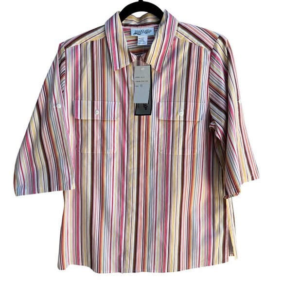 Yves St Clair Womens Pink Striped Short Sleeve Roll Tab Button-Up Stretch Shirt - Picture 1 of 12